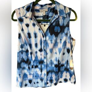 Dana Buchman Blue Abstract Print Sleeveless Button Blouse L NWT Coastal Chic